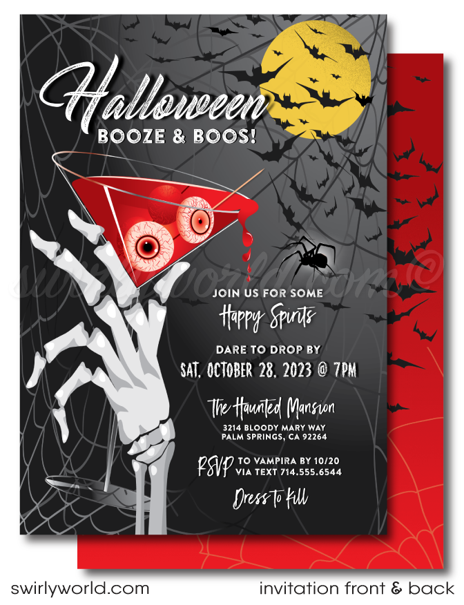 Set the perfect tone for your "Boo's and Booze" Halloween party with our sophisticated invitation design! Featuring a skeleton hand holding a blood-red martini with eerie eyeballs, this editable digital download is perfect for spooky soirées. Enjoy unlimited edits and downloads for 3 months—create a hauntingly memorable event!