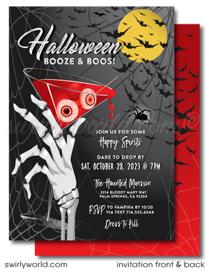 Set the perfect tone for your "Boo's and Booze" Halloween party with our sophisticated invitation design! Featuring a skeleton hand holding a blood-red martini with eerie eyeballs, this editable digital download is perfect for spooky soirées. Enjoy unlimited edits and downloads for 3 months—create a hauntingly memorable event!