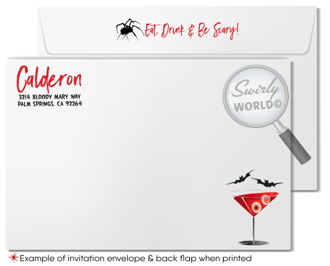 Set the mood for your "Boo's and Booze" Halloween cocktail party with our spooky, sophisticated invitation! Featuring a skeleton hand with a blood-red martini, this editable design is printed on premium matte card stock and shipped to you for convenience. Customize the wording and create an unforgettable event!
