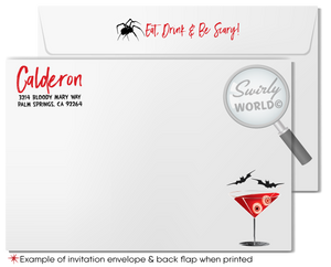 Set the mood for your "Boo's and Booze" Halloween cocktail party with our spooky, sophisticated invitation! Featuring a skeleton hand with a blood-red martini, this editable design is printed on premium matte card stock and shipped to you for convenience. Customize the wording and create an unforgettable event!