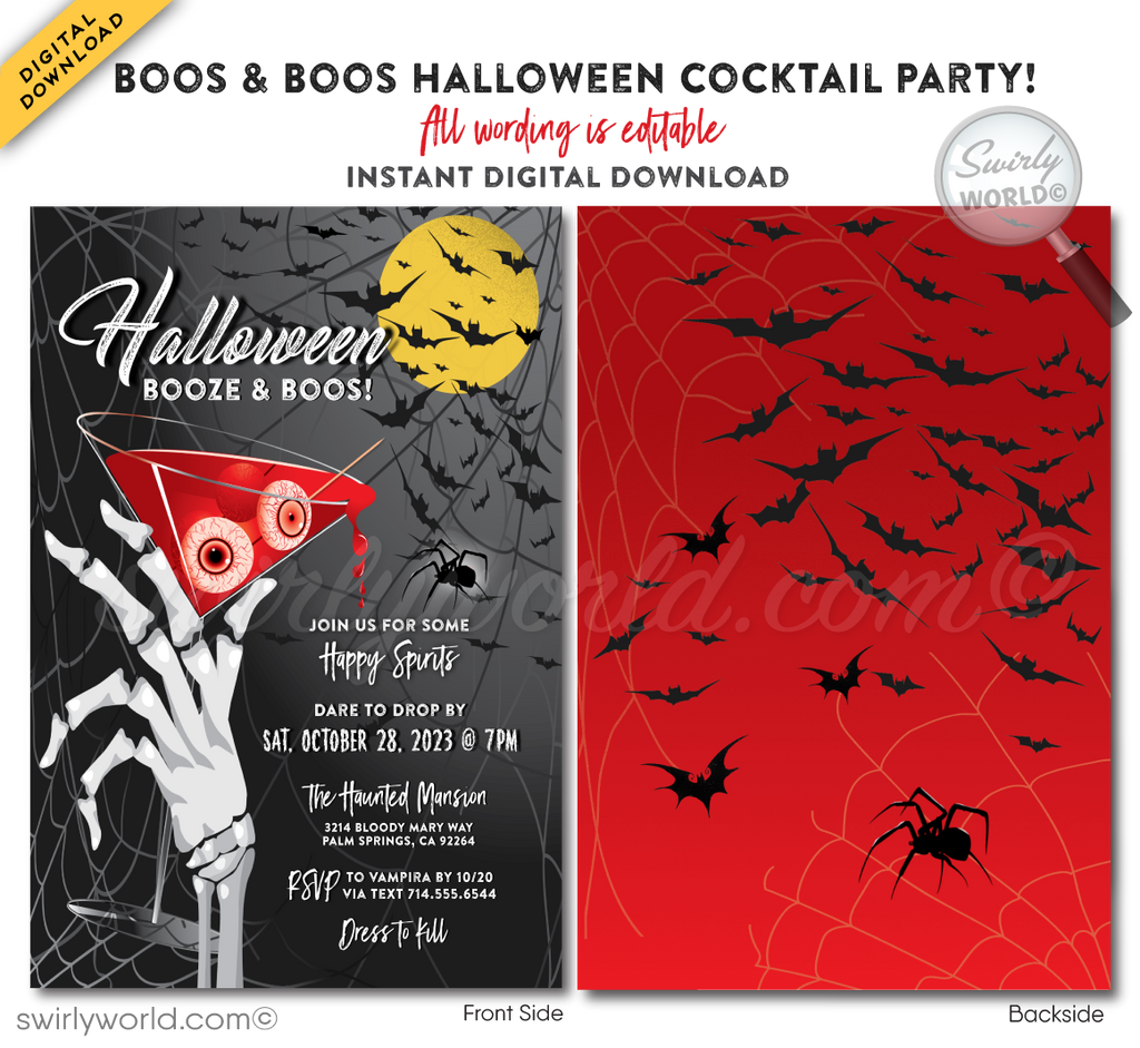 Set the perfect tone for your "Boo's and Booze" Halloween party with our sophisticated invitation design! Featuring a skeleton hand holding a blood-red martini with eerie eyeballs, this editable digital download is perfect for spooky soirées. Enjoy unlimited edits and downloads for 3 months—create a hauntingly memorable event!