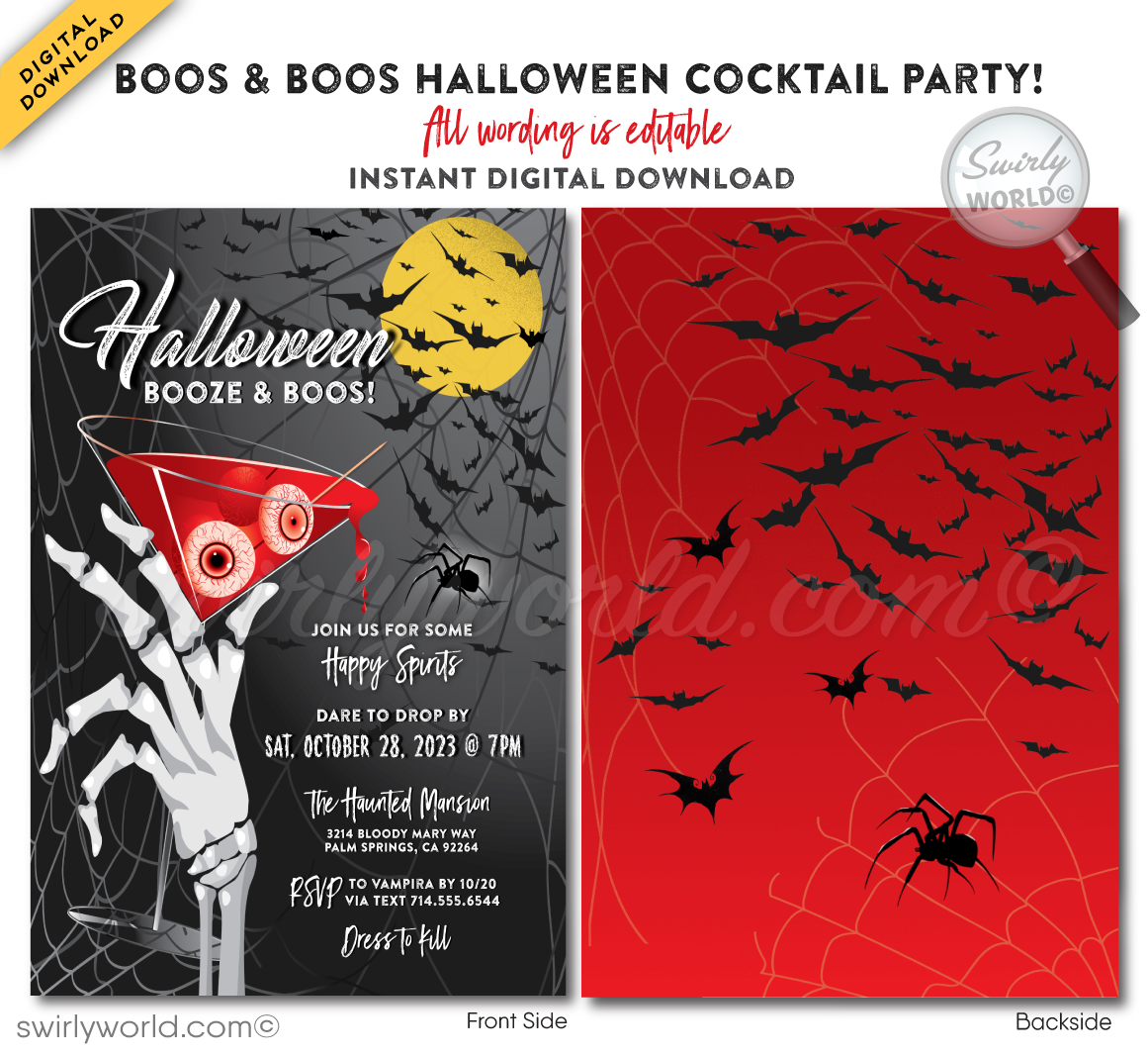 Set the perfect tone for your "Boo's and Booze" Halloween party with our sophisticated invitation design! Featuring a skeleton hand holding a blood-red martini with eerie eyeballs, this editable digital download is perfect for spooky soirées. Enjoy unlimited edits and downloads for 3 months—create a hauntingly memorable event!