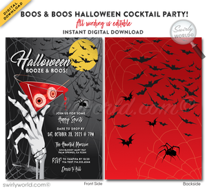Set the perfect tone for your "Boo's and Booze" Halloween party with our sophisticated invitation design! Featuring a skeleton hand holding a blood-red martini with eerie eyeballs, this editable digital download is perfect for spooky soirées. Enjoy unlimited edits and downloads for 3 months—create a hauntingly memorable event!