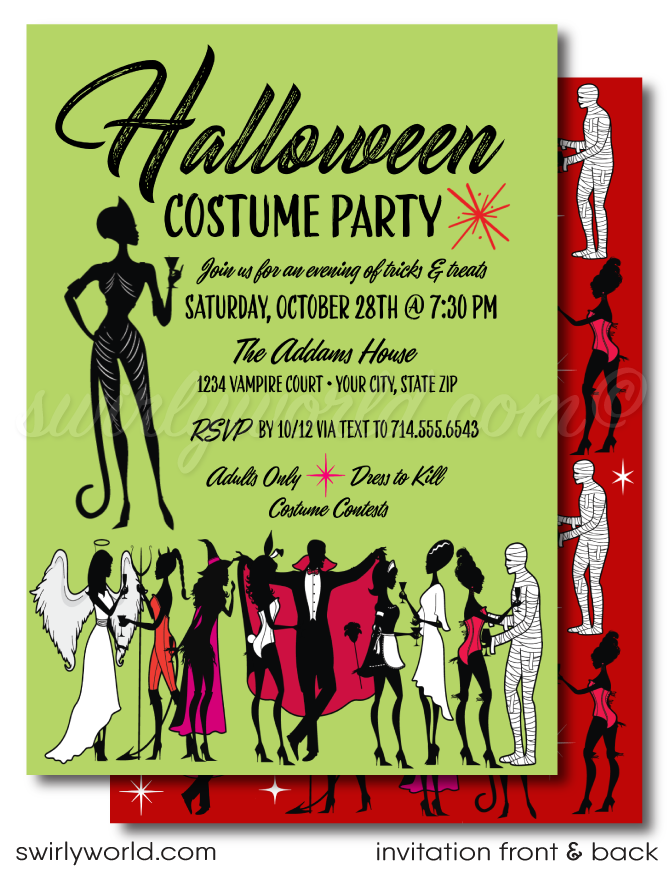 Set the stage for a chic Halloween bash with Swirly World's "Boos and Booze" Cocktail Costume Party invitations! Featuring sexy silhouettes in devilish and vampy costumes, this stylish design is perfect for an adults-only Halloween party. Customize, download, and share easily to kick off your spooky festivities in style!