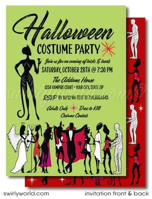 Set the stage for a chic Halloween bash with Swirly World's "Boos and Booze" Cocktail Costume Party invitations! Featuring sexy silhouettes in devilish and vampy costumes, this stylish design is perfect for an adults-only Halloween party. Customize, download, and share easily to kick off your spooky festivities in style!