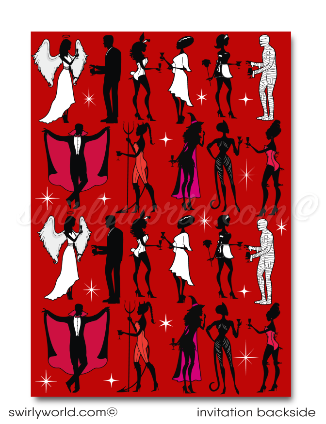 Set the stage for a chic Halloween bash with Swirly World's "Boos and Booze" Cocktail Costume Party invitations! Featuring sexy silhouettes in devilish and vampy costumes, this stylish design is perfect for an adults-only Halloween party. Customize, download, and share easily to kick off your spooky festivities in style!