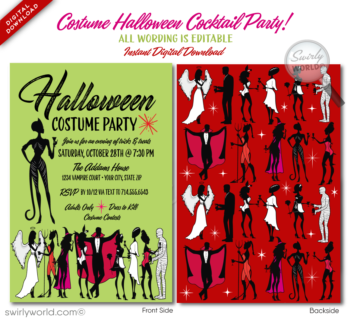 Set the stage for a chic Halloween bash with Swirly World's "Boos and Booze" Cocktail Costume Party invitations! Featuring sexy silhouettes in devilish and vampy costumes, this stylish design is perfect for an adults-only Halloween party. Customize, download, and share easily to kick off your spooky festivities in style!