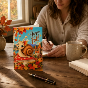 A woman is sitting at a table, writing in a notebook with a pen, while a card featuring a snail and autumn leaves is placed in front of her. There is also a cup of coffee and a pen on the table.