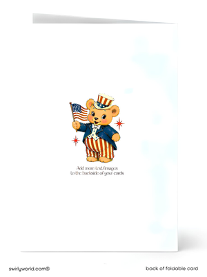 A white card with a cartoon image of a bear wearing a patriotic outfit and holding an American flag. The text on the card provides instructions for adding more text or images to the back of the card.