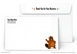 Envelopes with a cartoon beaver design and text 'Thank You For Your Business' on a white background.