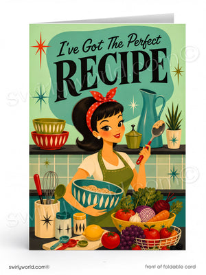 A retro-style foldable card featuring an illustration of a woman in a green apron holding a bowl of food, with the text 'I've Got The Perfect RECIPE' on a mint green background. The card is shown standing upright against a white background with small watermark text and the phrase 'front of foldable card' at the bottom.