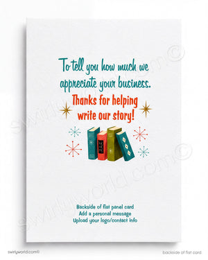 Greeting card with colorful text and books illustration on a white background
