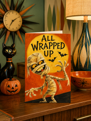 A Halloween greeting card featuring a cartoon mummy with the text 'ALL WRAPPED UP' on a warm orange background, displayed on a wooden table surrounded by seasonal decor including a black cat figurine, jack-o'-lantern, bowl, and lamp.