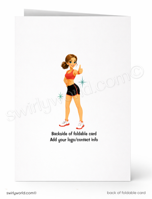 A folded greeting card shown front and back on a white background. The front features a cartoon illustration of a woman in athletic wear giving a thumbs-up, with placeholder text below.
