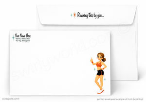 A printed white envelope shown front and back on a white background. The front has placeholder text on the left and an illustration of a woman in athletic wear on the lower right, with the phrase 'Running this by you.