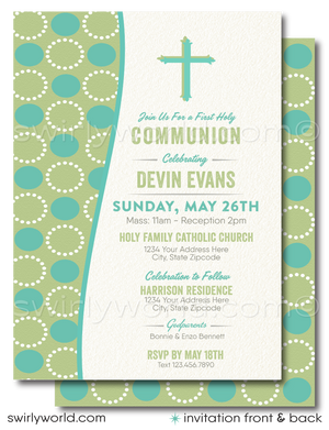 Introducing our Retro Mid-Century Modern Geometric Mod Circles Printed Invitation Set, a beautifully crafted collection perfect for marking your child's significant sacramental milestones. Whether celebrating a First Holy Communion, Baptism, or Confirmation, this versatile set brings a touch of retro elegance to any occasion.