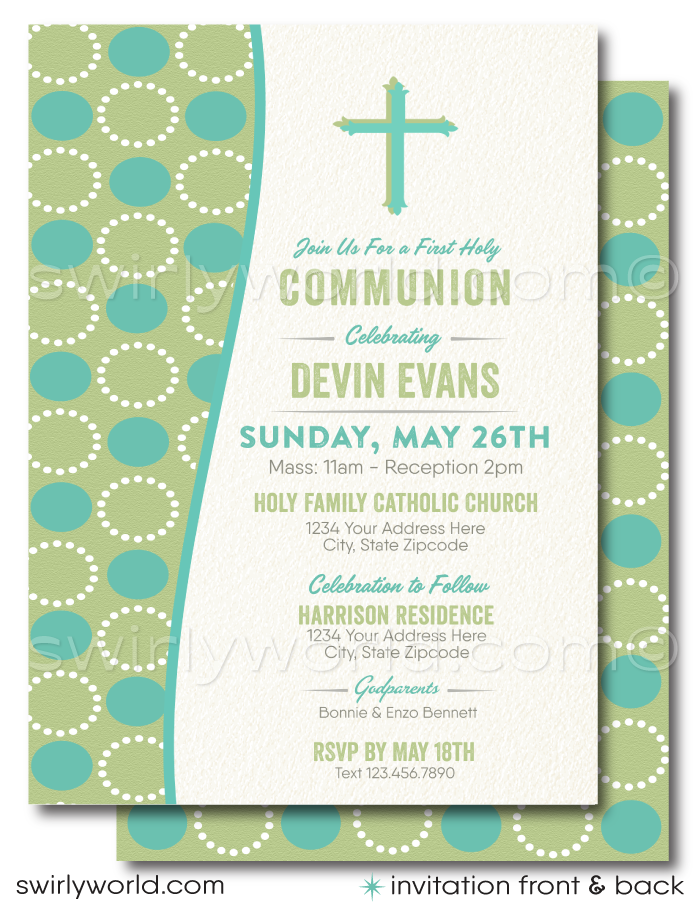 Introducing our Retro Mid-Century Modern Geometric Mod Circles Printed Invitation Set, a beautifully crafted collection perfect for marking your child's significant sacramental milestones. Whether celebrating a First Holy Communion, Baptism, or Confirmation, this versatile set brings a touch of retro elegance to any occasion.