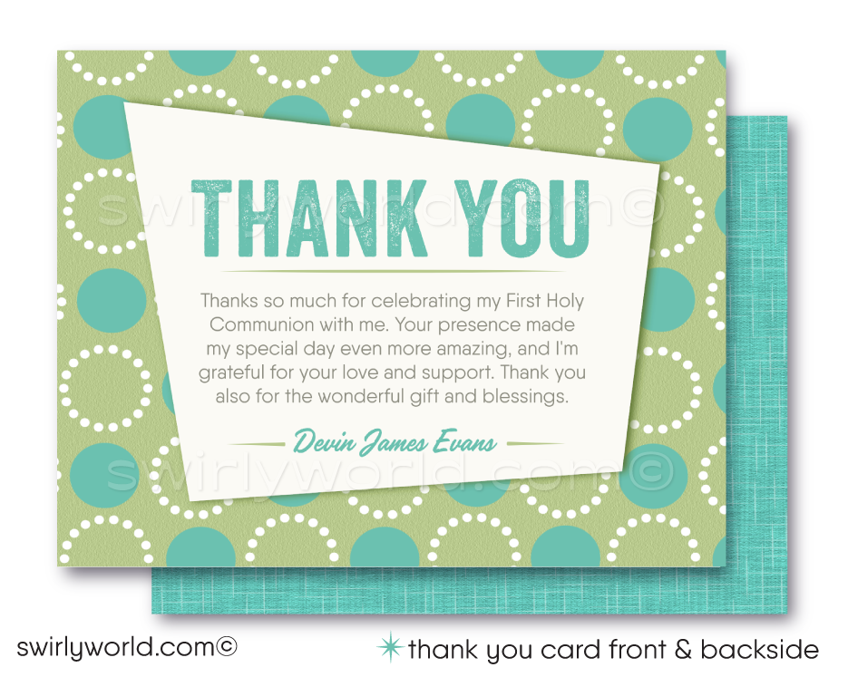 Elevate your child's milestone with our exclusive Retro Mid-Century Modern Sacrament Invitation Set! Perfect for First Holy Communion, Baptism, or Confirmation, featuring aqua blue and celery green hues, geometric circles, and retro typography. Fully customizable, includes invitation, thank you cards, envelopes.