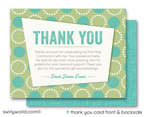 Elevate your child's milestone with our exclusive Retro Mid-Century Modern Sacrament Invitation Set! Perfect for First Holy Communion, Baptism, or Confirmation, featuring aqua blue and celery green hues, geometric circles, and retro typography. Fully customizable, includes invitation, thank you cards, envelopes.