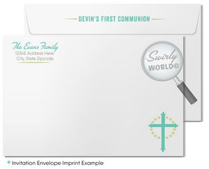 Mid-Century Mod Sacramental Invitation Set - Blue & Celery Green, Editable for Communion, Baptism, Confirmation