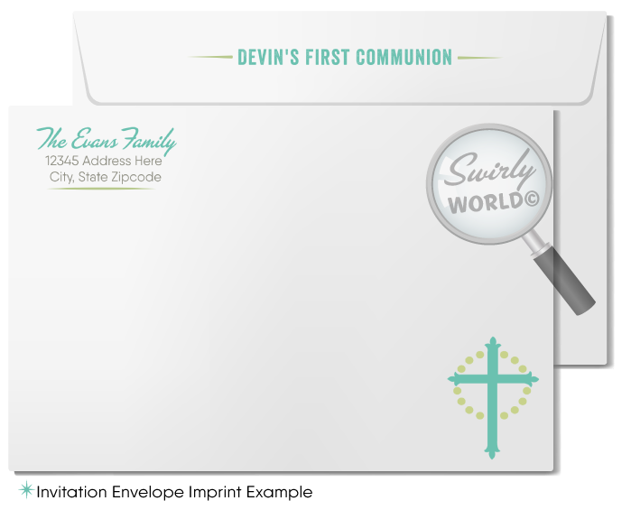 Retro Mid-Century Modern First Holy Communion Invitation Set - Aqua Blue & Celery Green