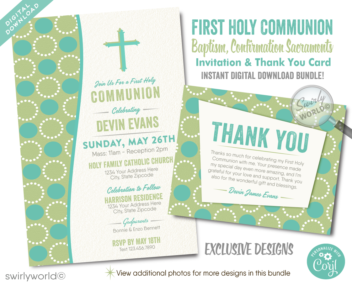 Introducing our Retro Mid-Century Modern Geometric Mod Circles Printed Invitation Set, a beautifully crafted collection perfect for marking your child's significant sacramental milestones. Whether celebrating a First Holy Communion, Baptism, or Confirmation, this versatile set brings a touch of retro elegance to any occasion.