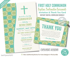 Introducing our Retro Mid-Century Modern Geometric Mod Circles Printed Invitation Set, a beautifully crafted collection perfect for marking your child's significant sacramental milestones. Whether celebrating a First Holy Communion, Baptism, or Confirmation, this versatile set brings a touch of retro elegance to any occasion.