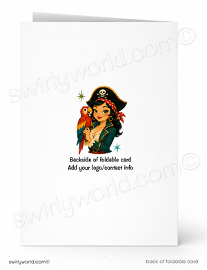 A white foldable greeting card shown front and back. The front features a colorful pirate illustration holding a parrot, with placeholder text below reading 'Backside of foldable card' and 'Add your logo/contact info.