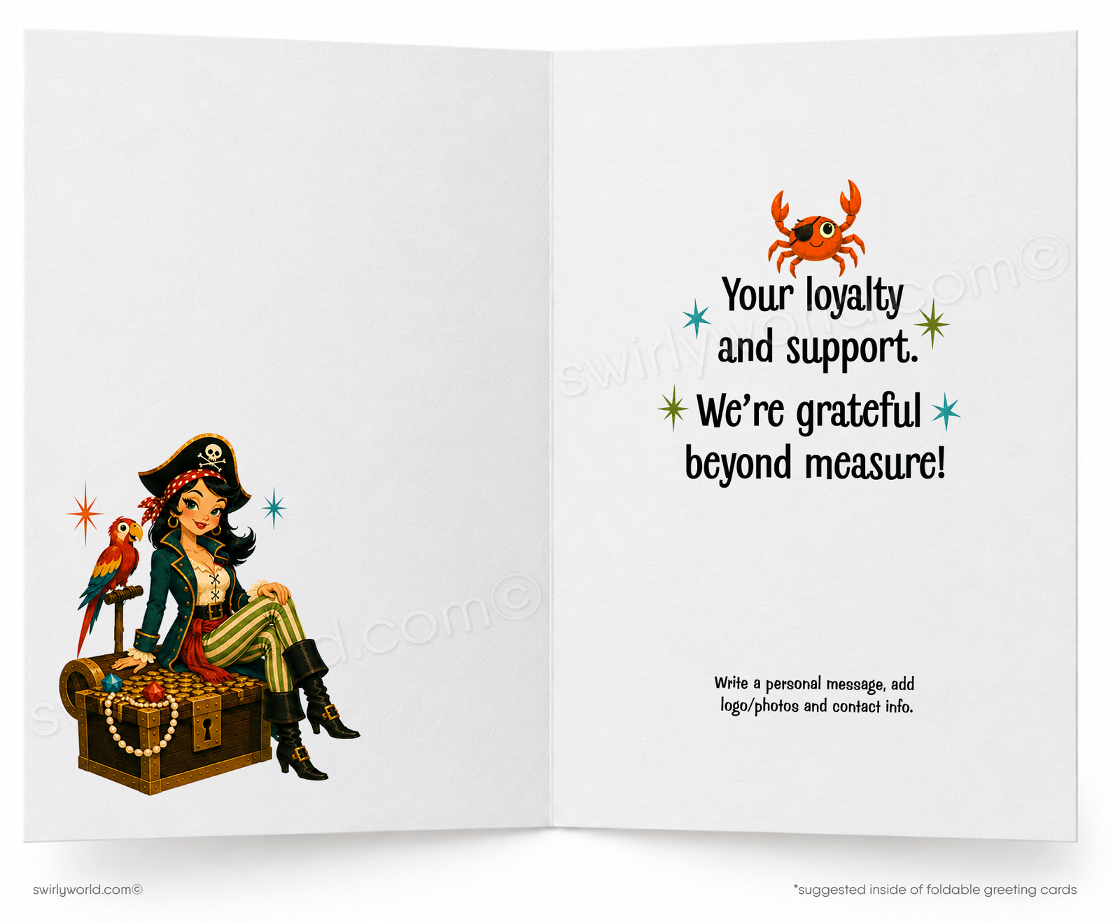 A foldable greeting card featuring a retro pirate illustration with the text 'Arrr Me Treasure' on a turquoise background, with palm trees, a treasure chest, parrot, and a woman in pirate attire.
