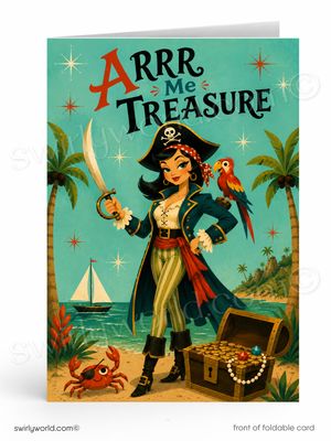 A foldable greeting card featuring a retro pirate illustration with the text 'Arrr Me Treasure' on a turquoise background, with palm trees, a treasure chest, parrot, and a woman in pirate attire.