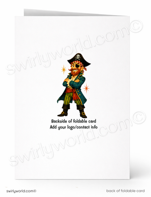 A white foldable card shown front and back on a light gray background. The front features a small pirate illustration with a skull-and-crossbones hat, eye patch, red bandana, green coat, striped pants, and orange star accents, with the text 'Backside of foldable card Add your logo/contact info' below.