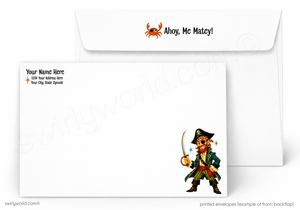 A printed envelope set shown on a white background, with one envelope displaying the back flap design and one card-style envelope showing the front with placeholder text and a small pirate illustration.