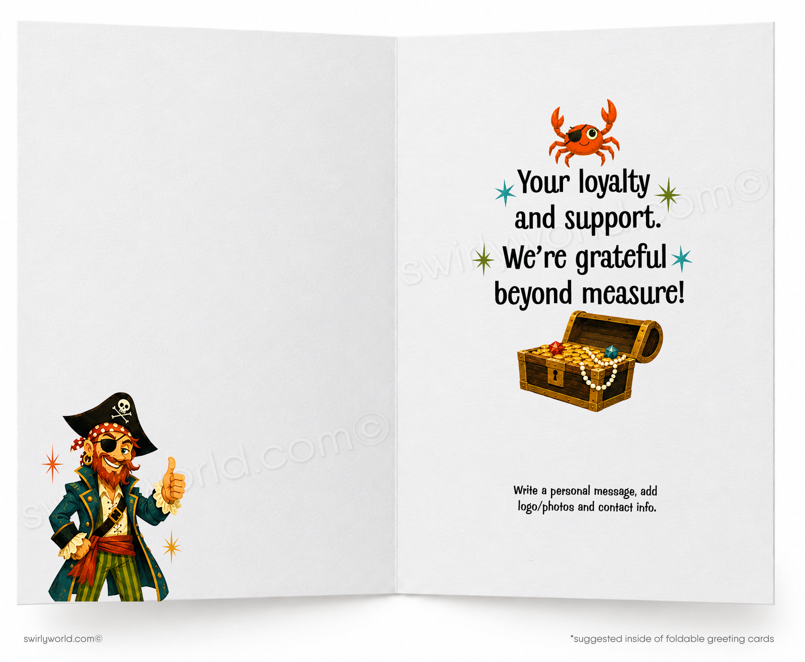 A foldable greeting card featuring a colorful pirate illustration with the text 'ARRR Me TREASURE' on a tropical beach scene with palm trees, a parrot, a crab, and an open treasure chest.