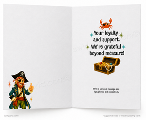 An open greeting card shown front and back on a white background. The left panel features a pirate illustration with a thumbs-up, and the right panel has a crab and treasure chest with printed message text.