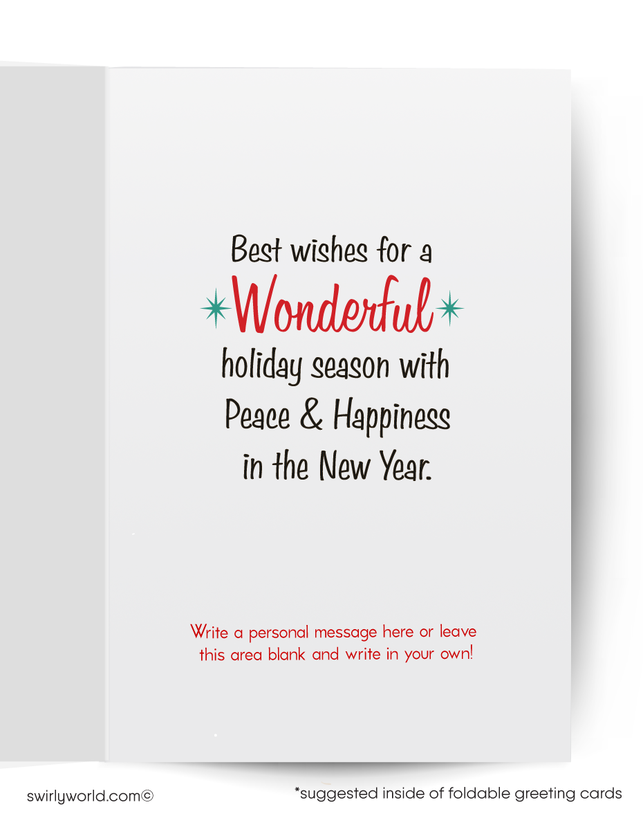 Vintage-style Santa Claus card with 'Greetings!' text on a teal background