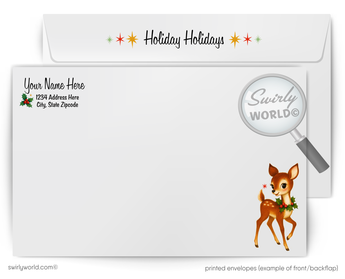 Swirly World holiday envelope with a deer illustration and customizable text area.