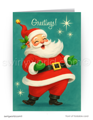 Vintage-style Santa Claus card with 'Greetings!' text on a teal background