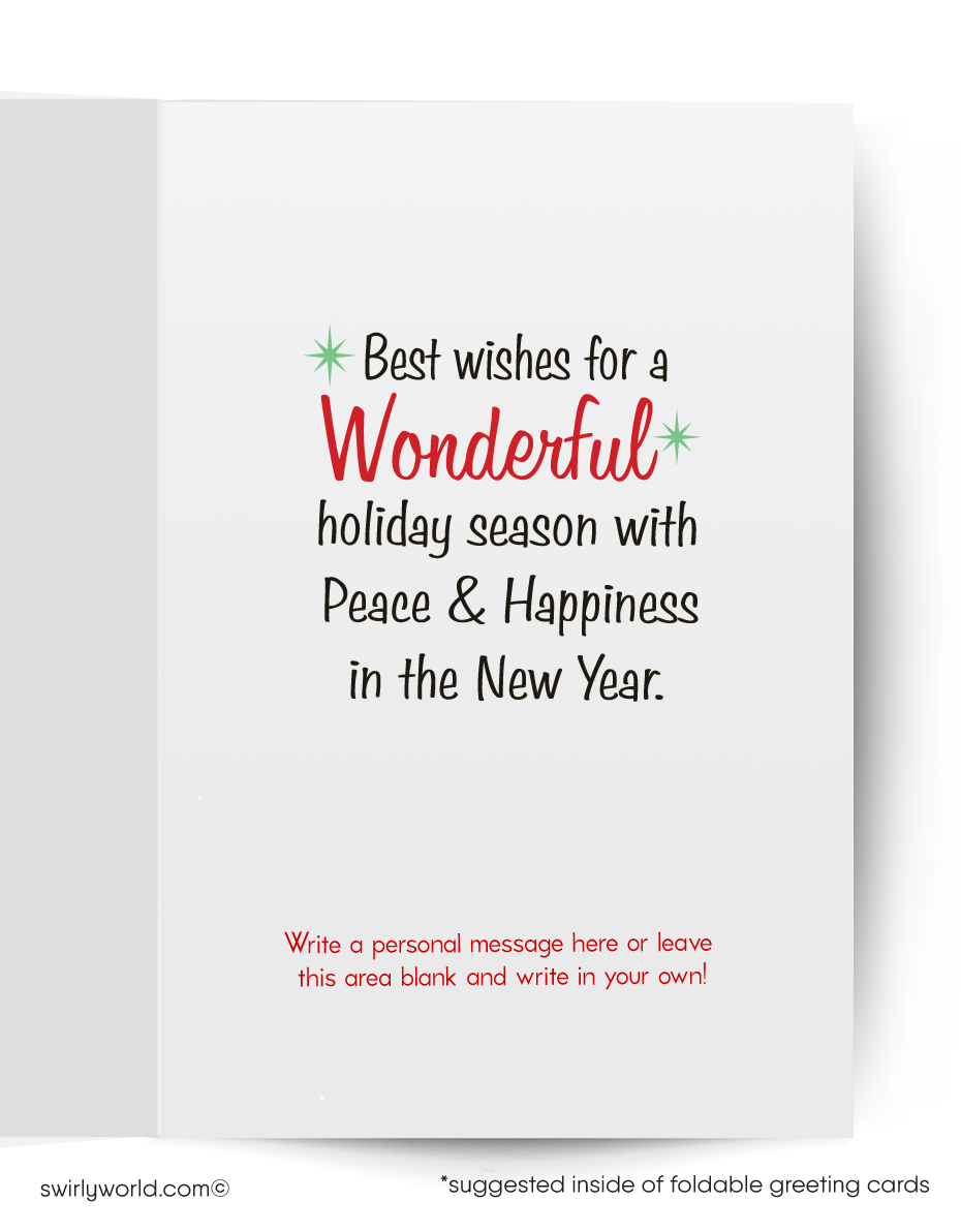 Vintage-style Christmas card with a woman in a red dress and a deer holding lights and presents.