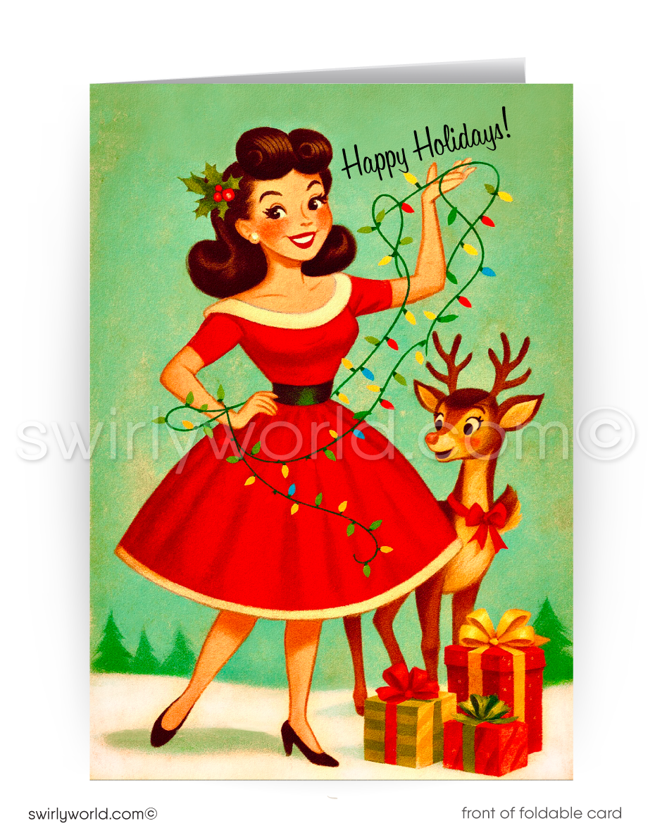 Vintage-style Christmas card with a woman in a red dress and a deer holding lights and presents.