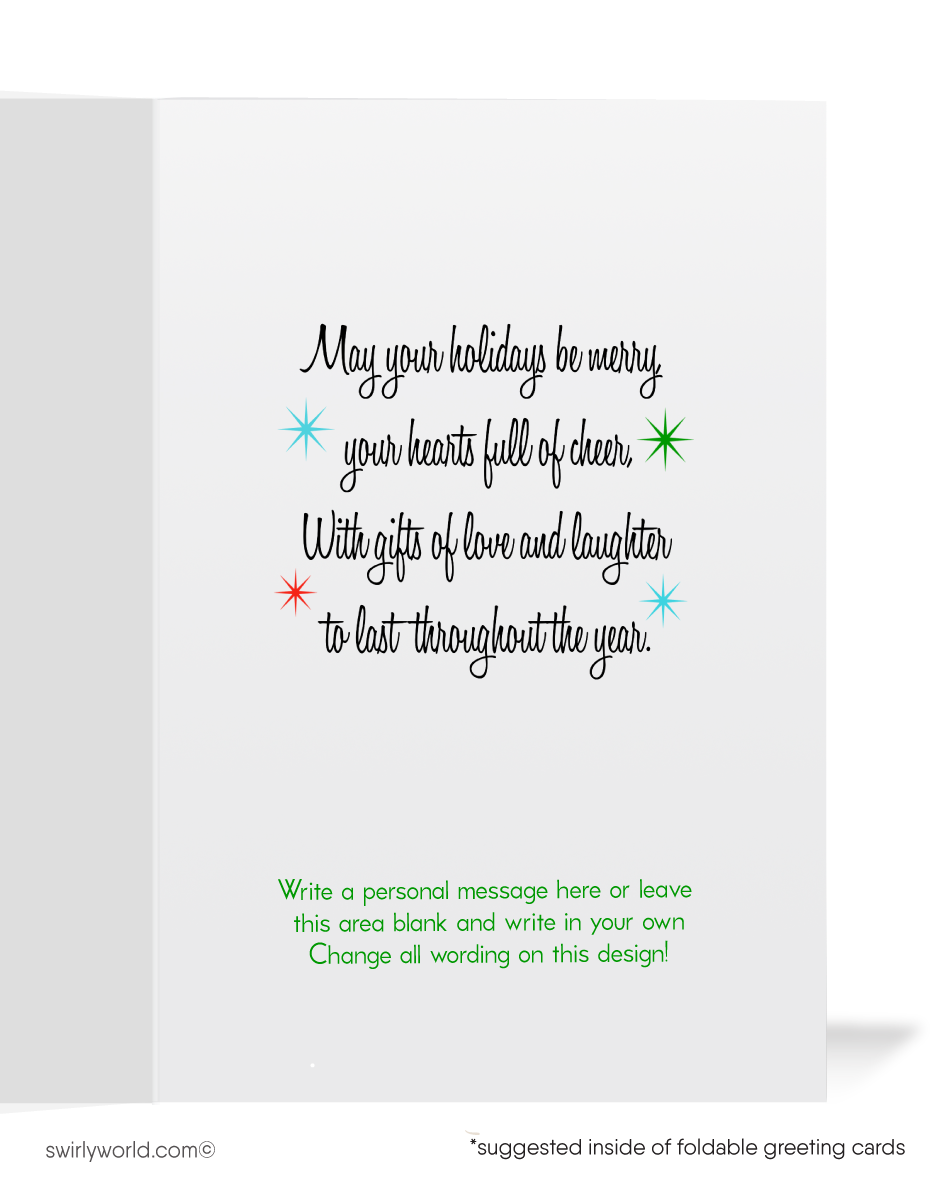 Celebrate mid-century magic with a vintage Christmas card featuring a 1950s retro Santa holding a towering stack of gifts, atomic starbursts, and a green backdrop!