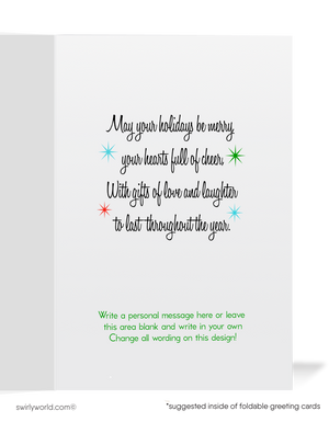 Vintage 1950s Christmas Card - Retro Santa Claus with Gifts & Atomic Starbursts