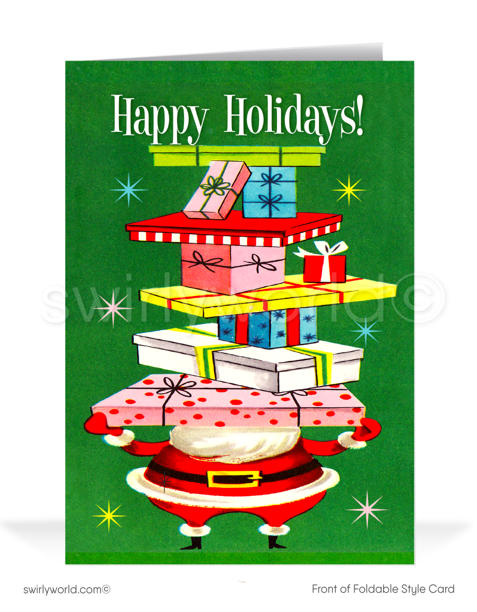 Celebrate mid-century magic with a vintage Christmas card featuring a 1950s retro Santa holding a towering stack of gifts, atomic starbursts, and a green backdrop!