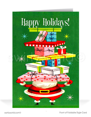 Celebrate mid-century magic with a vintage Christmas card featuring a 1950s retro Santa holding a towering stack of gifts, atomic starbursts, and a green backdrop!