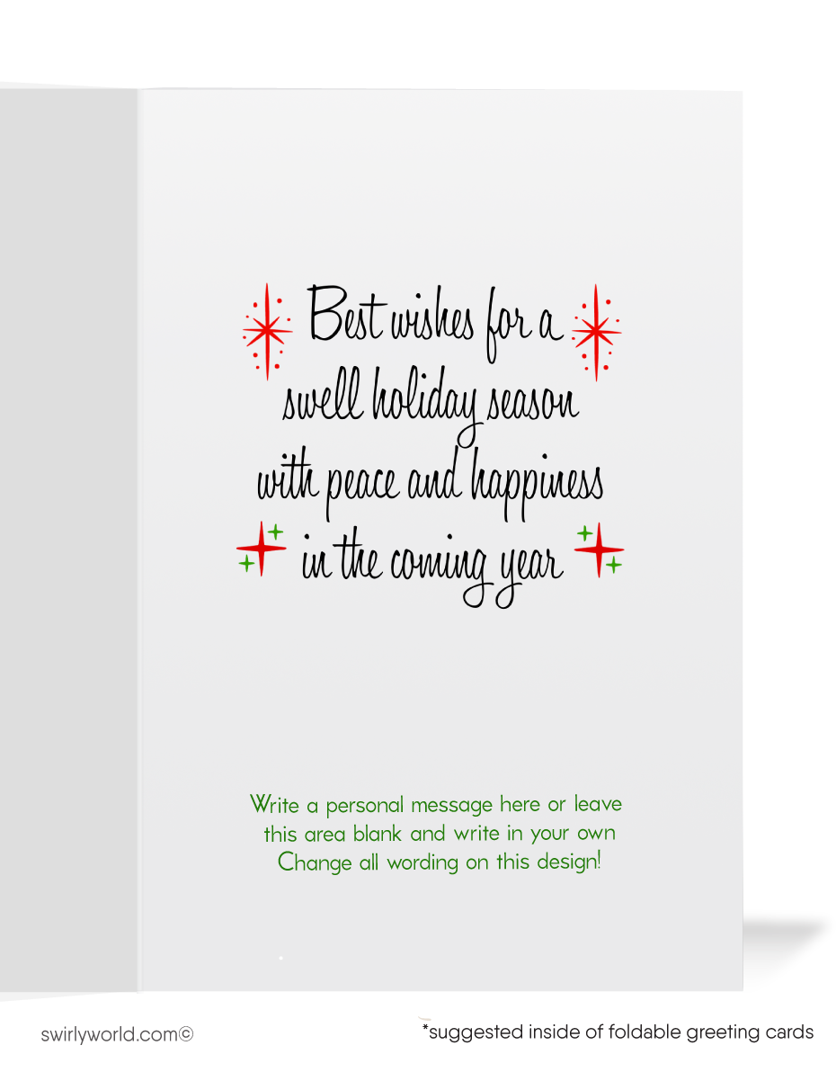 Vintage Mid-Century Christmas Card - 1950s-1960s Kitschy Santa in White Retro Tree with Starbursts