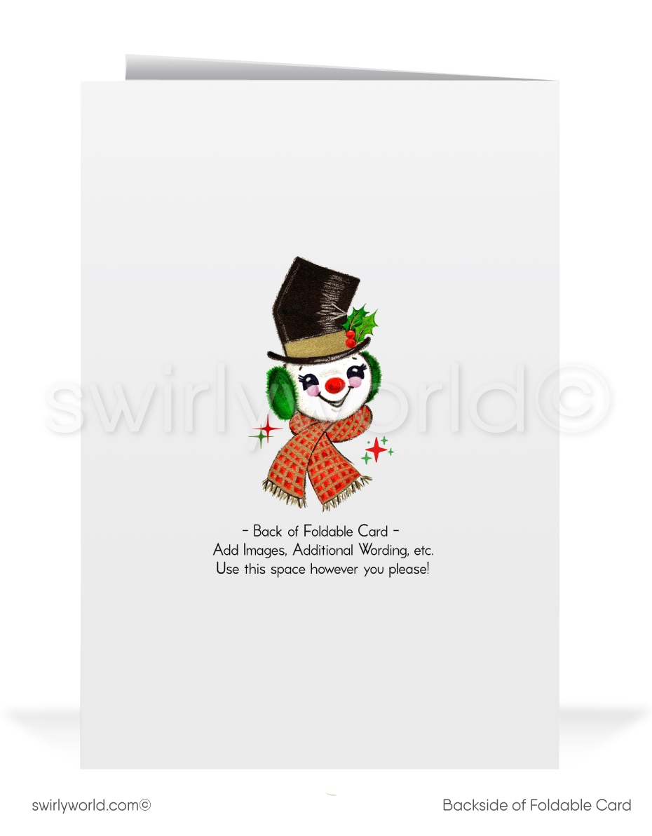 Vintage Mid-Century Christmas Card - 1950s-1960s Kitschy Santa in White Retro Tree with Starbursts