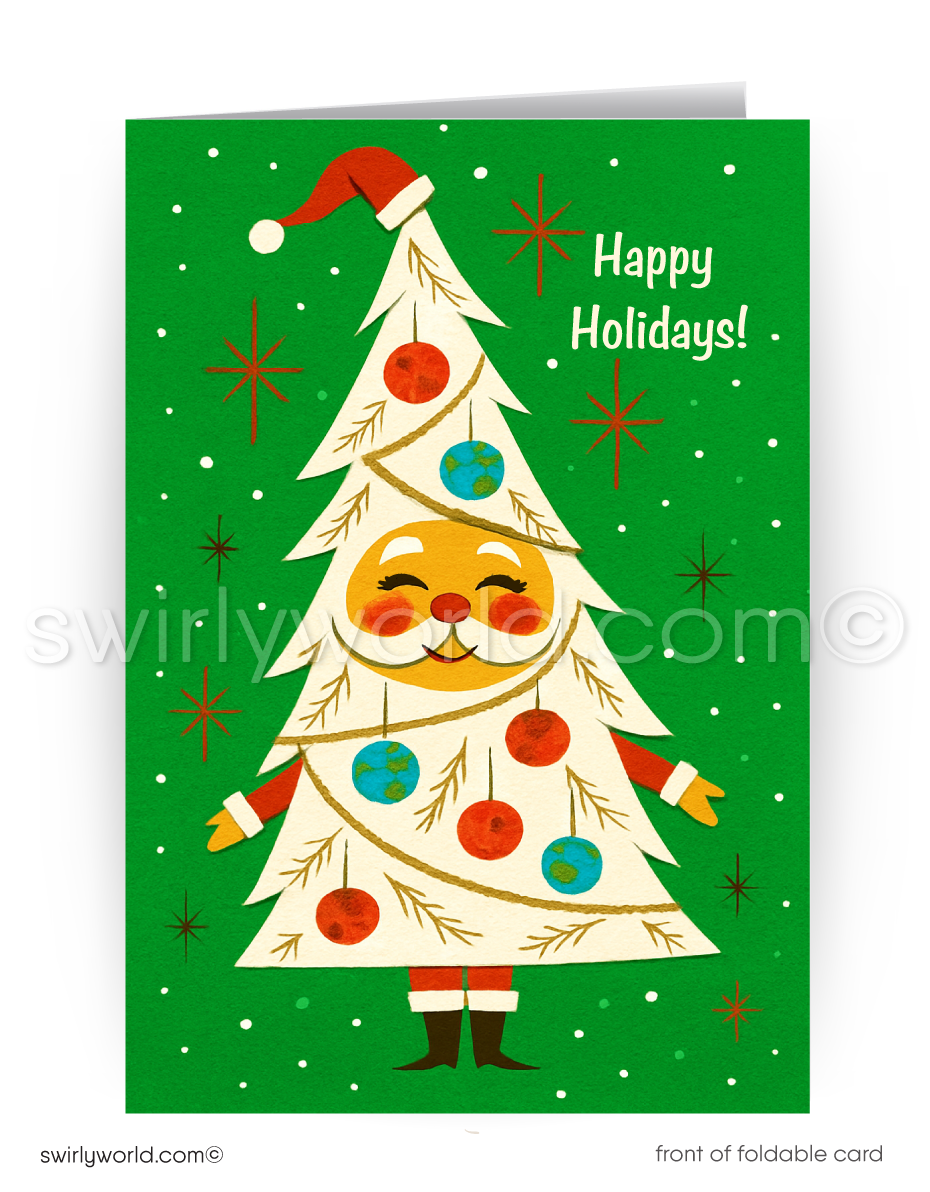 Christmas card with a tree-like character wearing a Santa hat and ornaments on a green background.