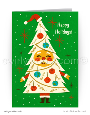 Christmas card with a tree-like character wearing a Santa hat and ornaments on a green background.