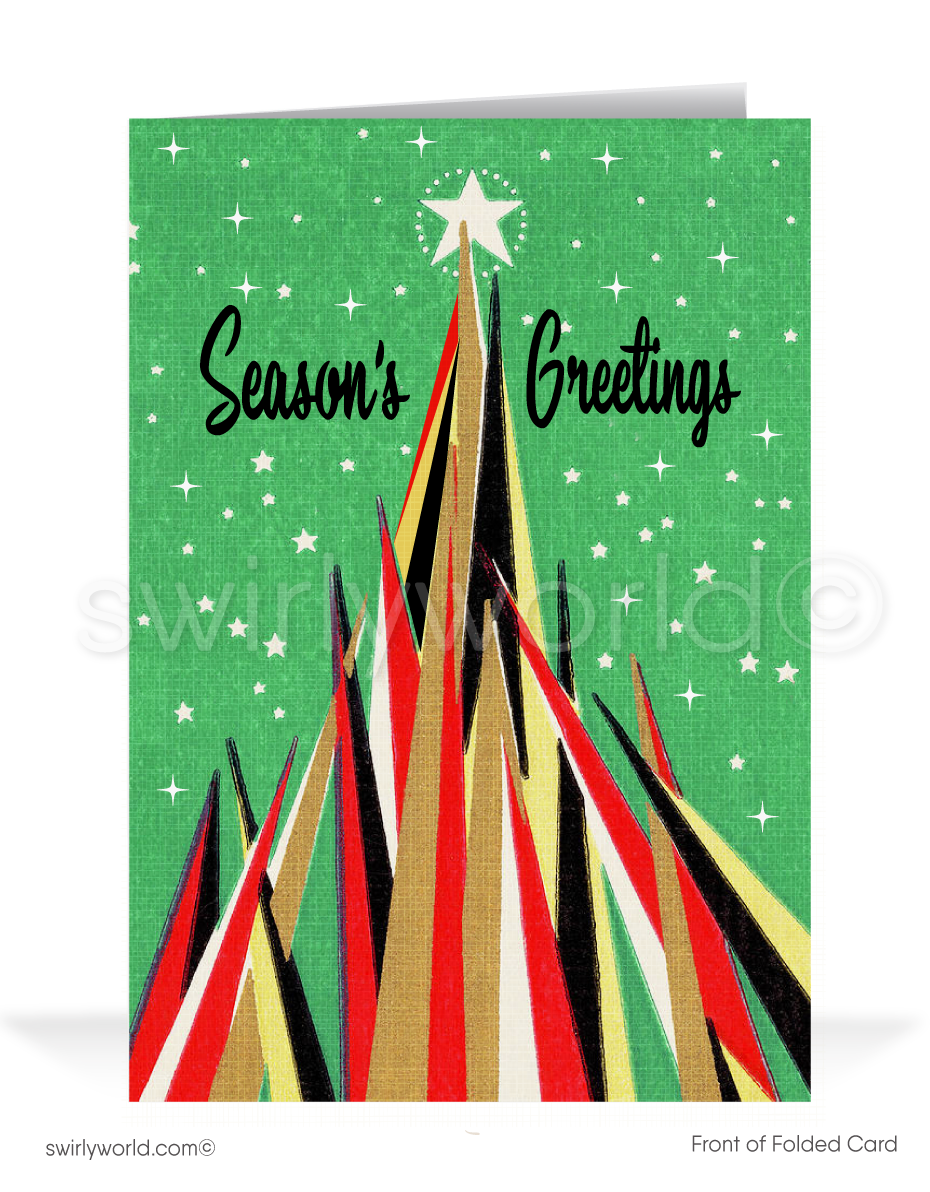 Take a step back in time with our exclusive vintage holiday greeting card, bringing all the warmth and nostalgia of a bygone era. This unique card&nbsp; features an iconic 1960s mid-century mod abstract geometric Christmas tree with retro atomic starbursts and the message "Season's Greeting." Personalize with your wording on the front.