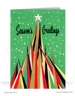 Take a step back in time with our exclusive vintage holiday greeting card, bringing all the warmth and nostalgia of a bygone era. This unique card&nbsp; features an iconic 1960s mid-century mod abstract geometric Christmas tree with retro atomic starbursts and the message "Season's Greeting." Personalize with your wording on the front.