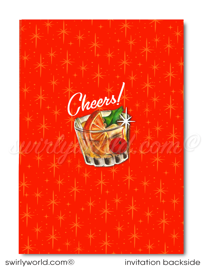 Elevate your holiday party with Swirly World's Vintage "Old Fashion" Whiskey Invitations. Featuring a mid-century modern whiskey glass topped with a Santa head, these customizable invites capture the 1950s atomic age charm. Perfect for adding retro sophistication to your festive celebration!